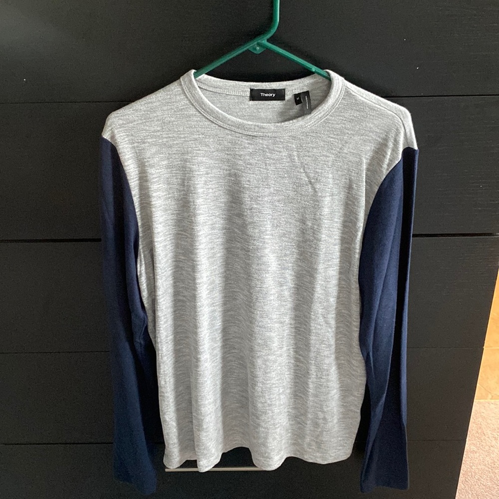 Men’s Grey Theory Crew Neck Sweater - Size M - Navy Blue Sleeves - Like New